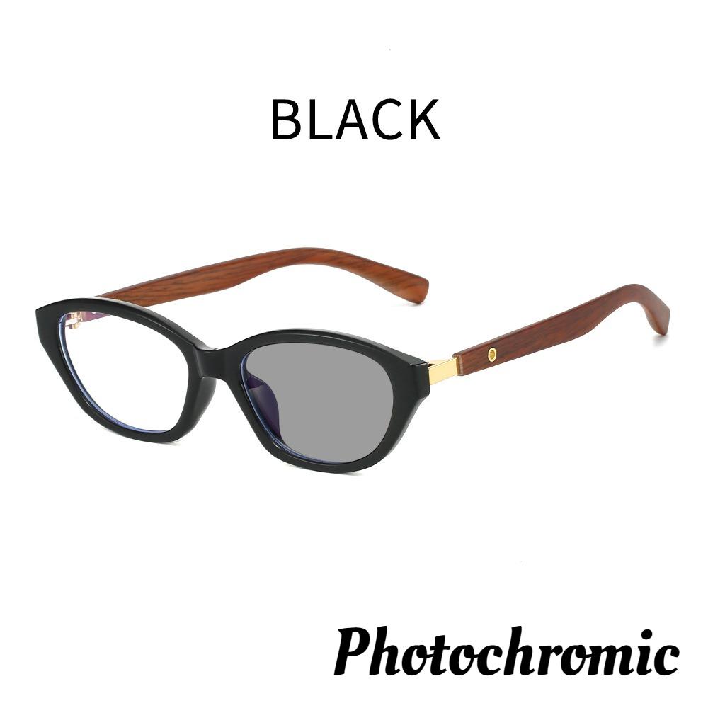 Fashionable And Personalized Cat Eye Photochromic Women'S Reading Glasses Retro Neutral Wood Grain Leg Anti Blue Light Glasses