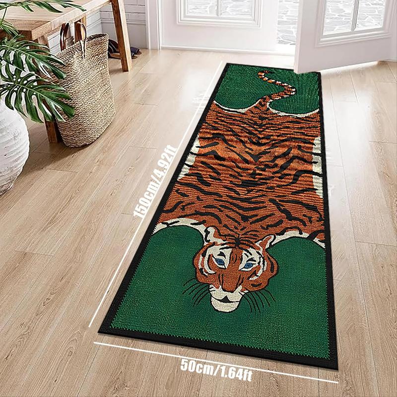 Green Background Tiger Runner Rug Anti Slip Washable Retro Animal Print Long Kitchen Hallway Floor Home Decor