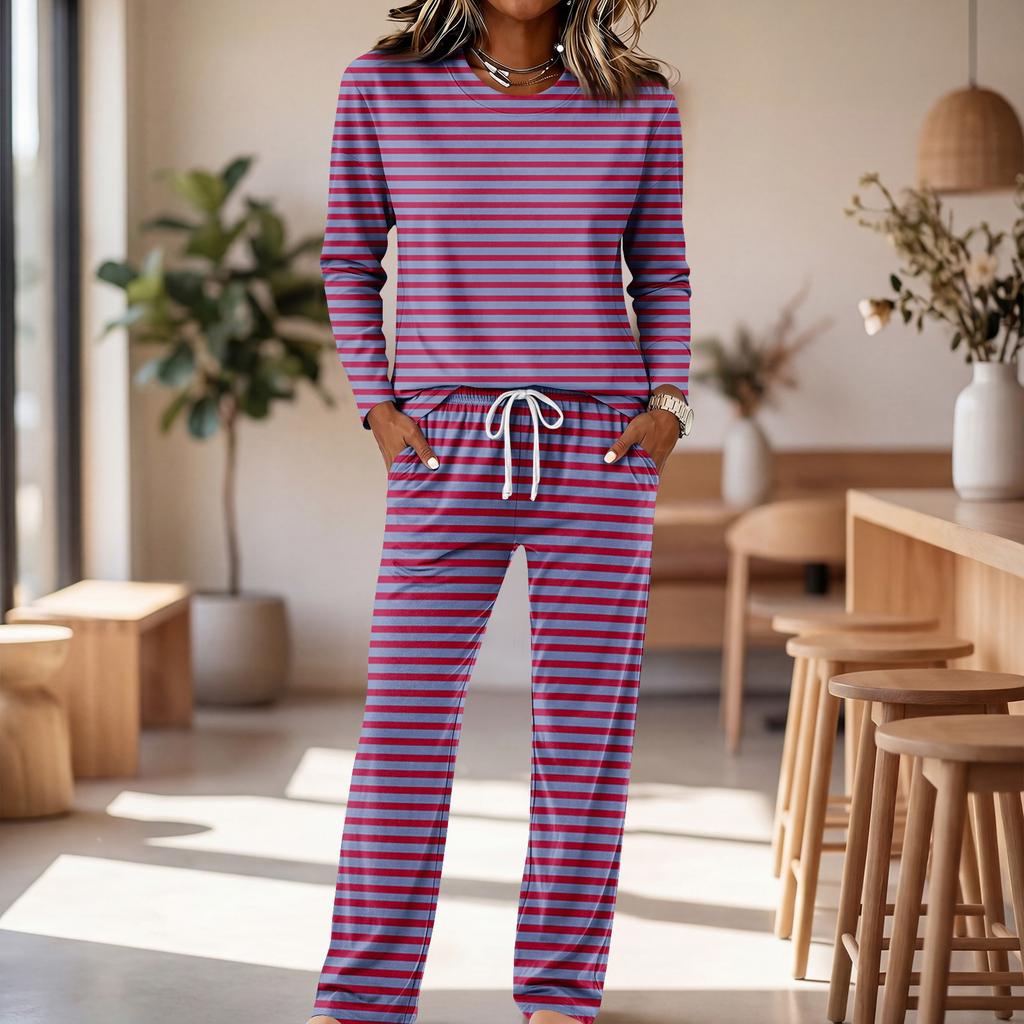 Women's Round Neck Long Sleeve Pajama Set with Drawstring Wide Leg Pants for Sleepwear Loungewear