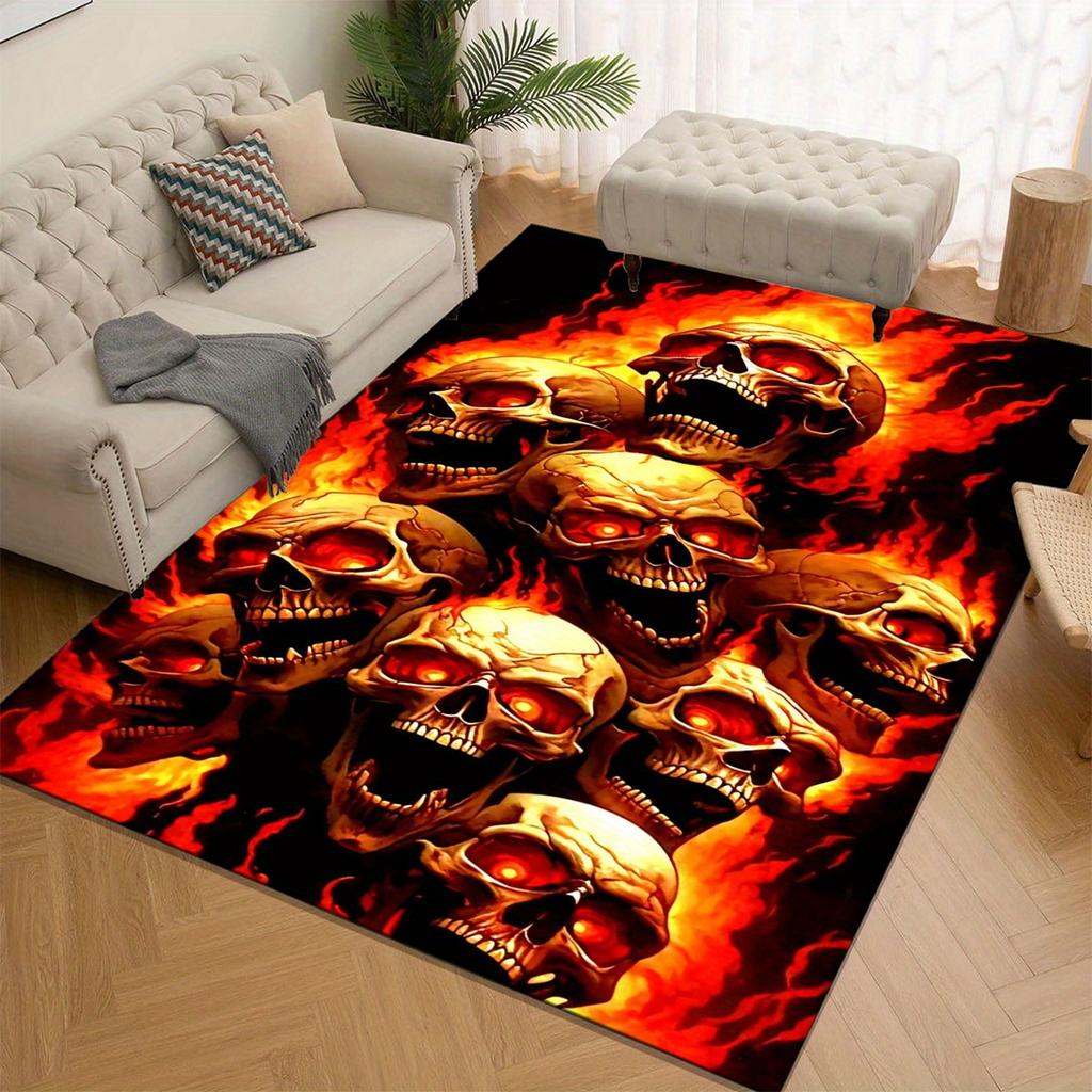 Flame Skull Polyester Rug, Non Slip Crystal Velvet, Durable Chair Mat, Edgy Kitchen Restaurant Decor, Gothic Home Accent