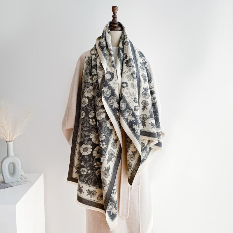 Scarf women's new winter tassel shawl floral versatile cashmere thickened warm and cold-proof scarf dual-purpose