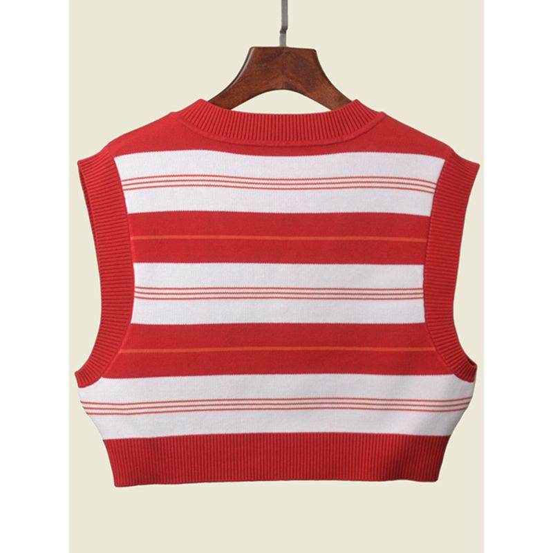 Fashion Style V Neck Stripes Short Vest Student Bandage Dress Thermal Knitting Vest