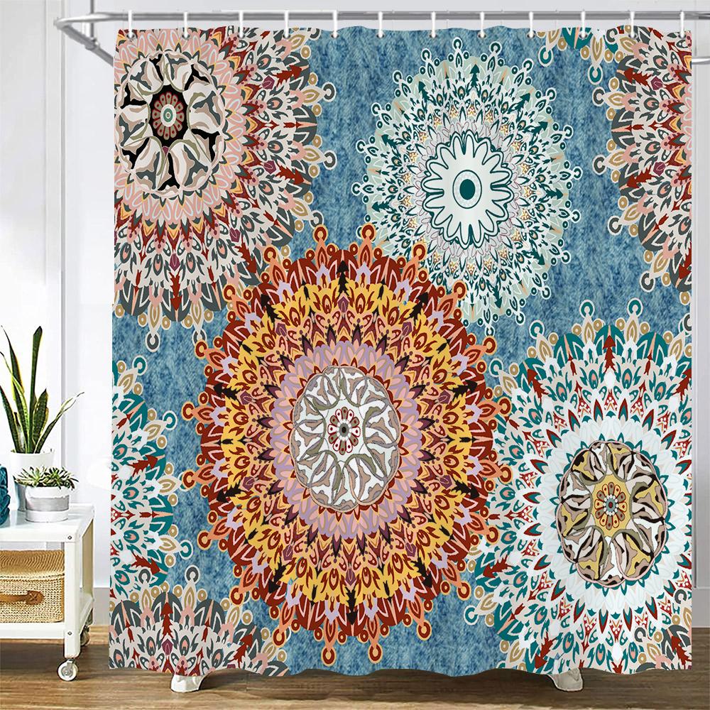 

Indian Bohemian 3D Shower Curtains Waterproof Fabric Print Boho Mandala Bathroom Curtain With Hooks Decor 180*200 Bathtub Screen W60H190(CM)-1 Pcs