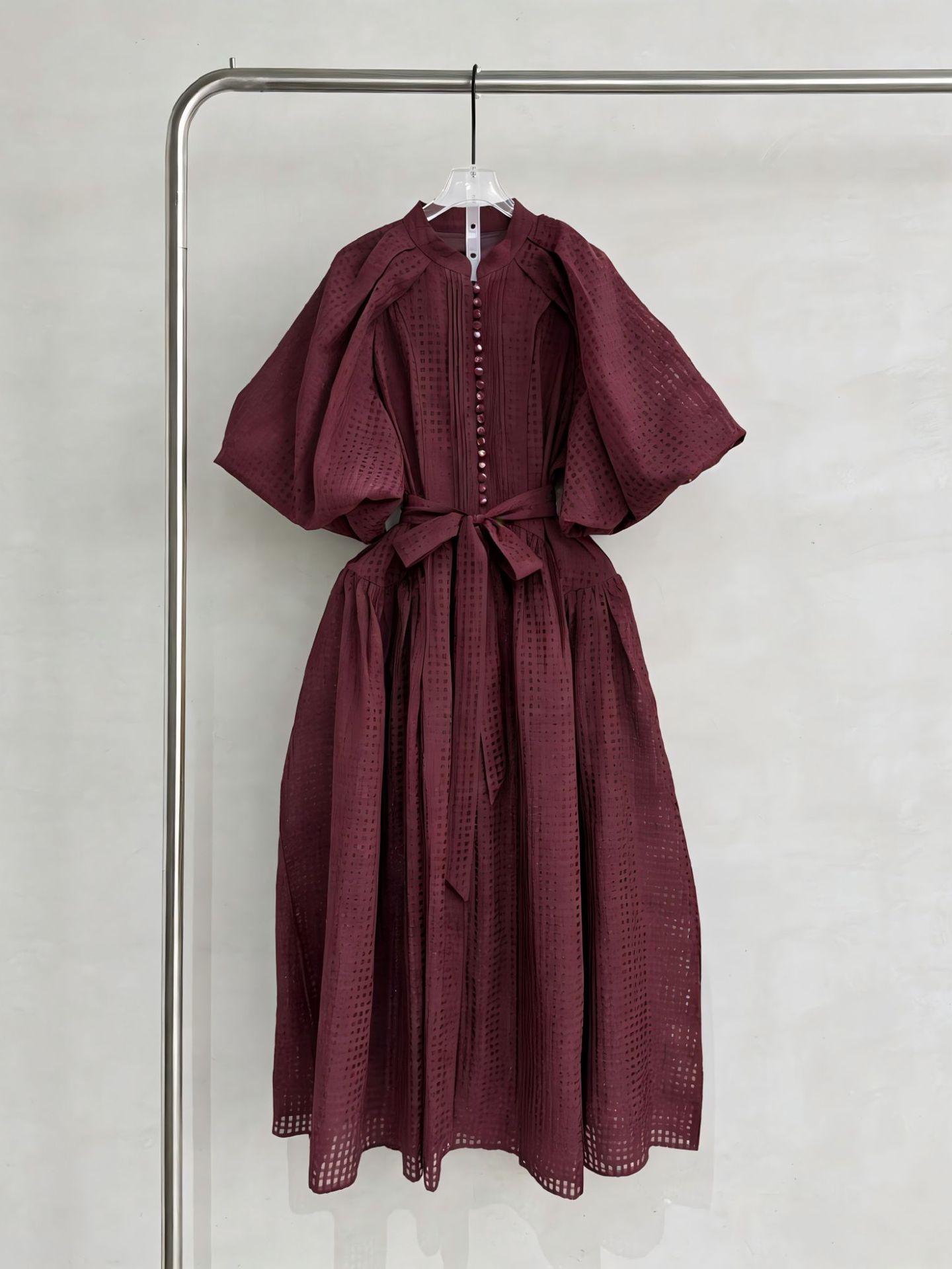 Elegant Hollow Stand-Collar Puff Sleeve Mid-Length Skirt with Lace-Up Buttons XXL