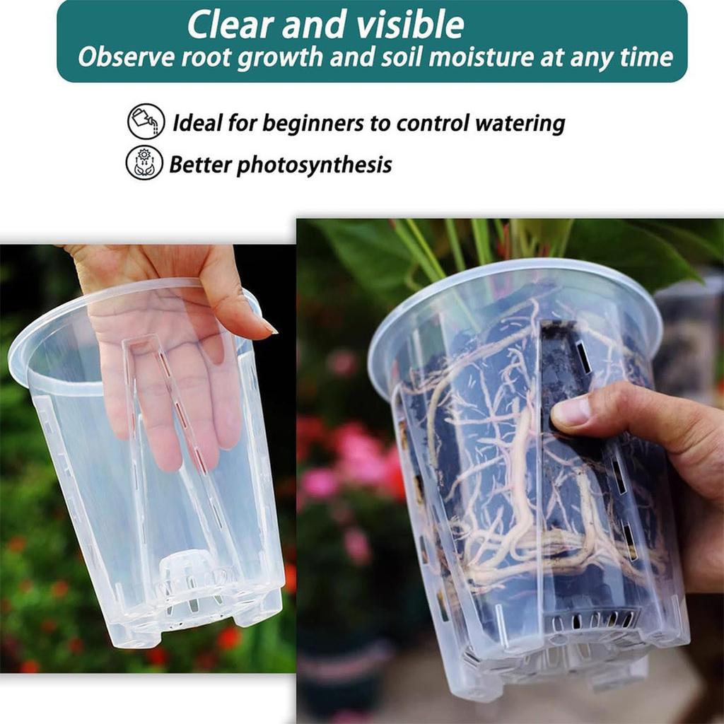 Transparent Plastic Orchid Pot with Drainage Holes and Tray Root Control Pot for Moss Plants Visible Root Growth and Air Circulation 14cm Diameter