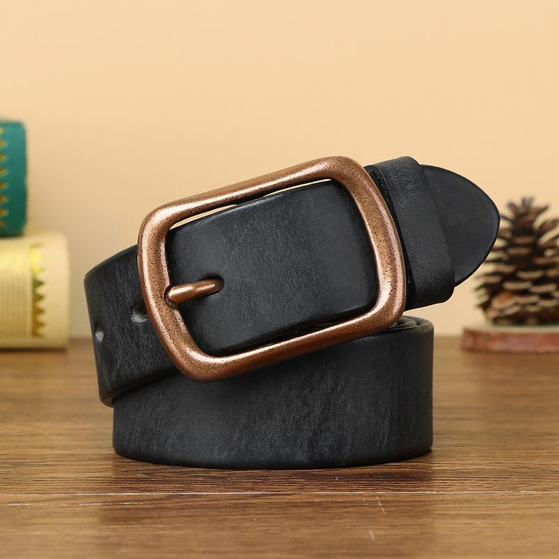 3.8Cm Wide Copper Buckle Belt Men'S Leather Pin Buckle Natal Year First Layer Cowhide Retro Casual Jeans Belt