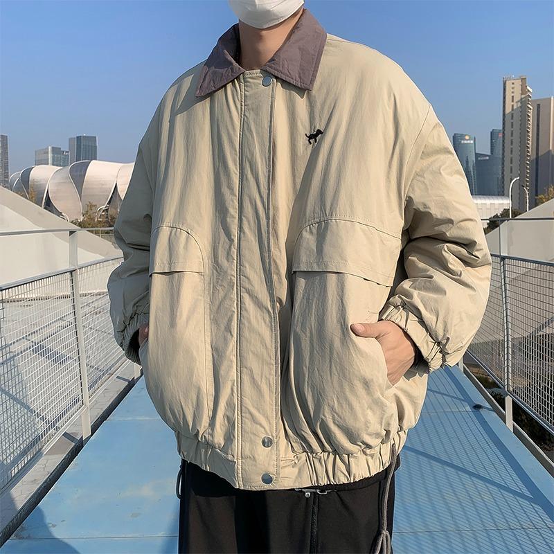 Men’s Trendy Japanese Retro Cotton Workwear Jacket – Loose, Thickened Lapel Windbreaker Coat M