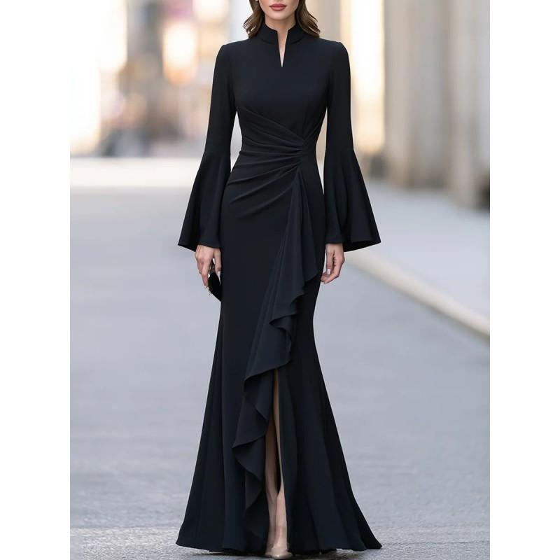 Elegant Womens Fitted Mermaid Evening Gown With Ruched Waist Flounce Hem Side Slit Long Dress