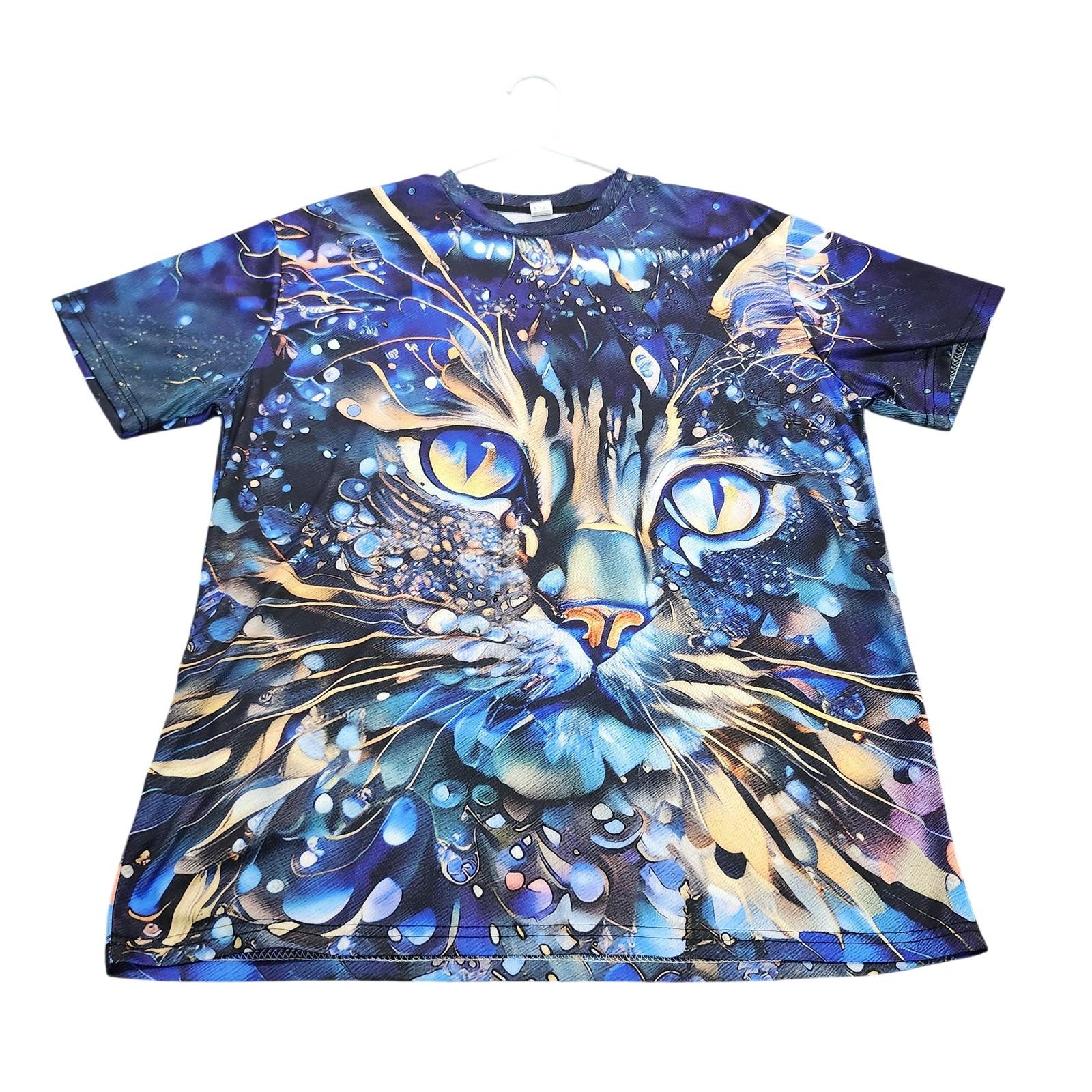 Cosmic Cat All Over Print Blue Purple Galaxy Graphic Tee Unisex Large Unisex T-Shirt XXL