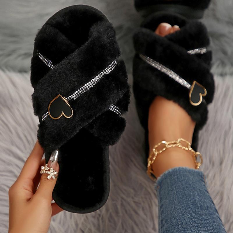 Fashion Fashion Crystal Cross Strap Fur Slippers for Women Cozy Warm Fluffy Winter Slippers Woman Open Toe Soft Plush Indoor House Shoes