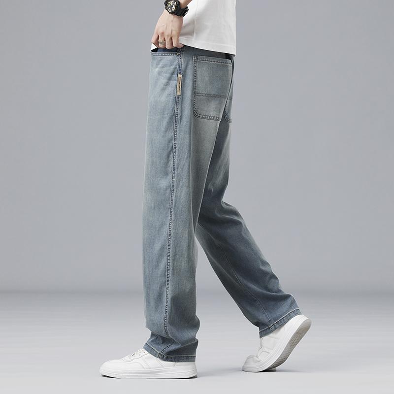 Summer Ultra-thin Lyocell Men's Jeans Drape Soft Fabric Loose Straight Casual Denim Pants Elastic Ice Silk Male Trousers