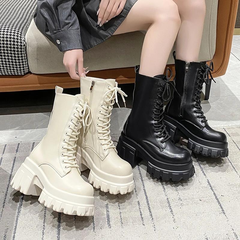 9CM Chunky Platform Ankle Boots Women 2025 New Autumn Winter Motorcycle Boots Woman Thick Bottom Non Slip Leather Combat Boots