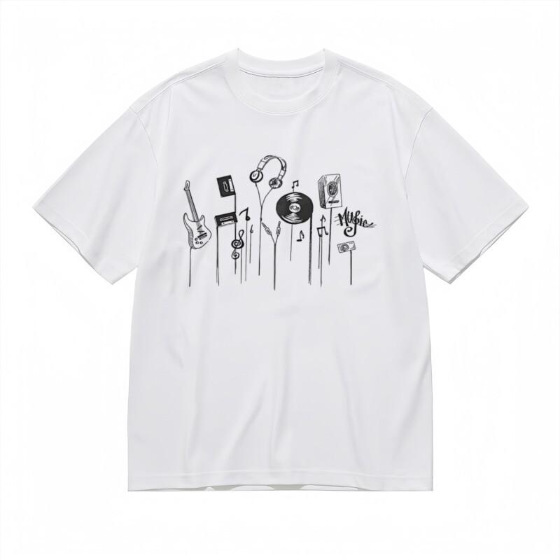 

Men s Fashion Classic T-Shirt Bold Guitar Headphone Music Theme White Cotton Tee S