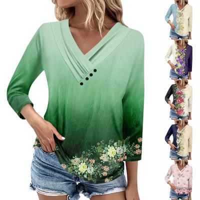 Womens 3/4 Sleeve Daily Weekend V Neck Casual Printed Tshirts Loose Fit Pleated Tees Ladies Blouse