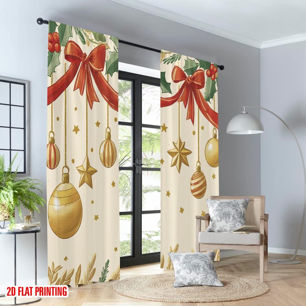 Flachdruck Frohe Weihnachten Mode Vorhänge Stechpalme Schleife Sterne Ornament Digital Bedruckt Polyester Vorhänge Set von 2 Hergestellt