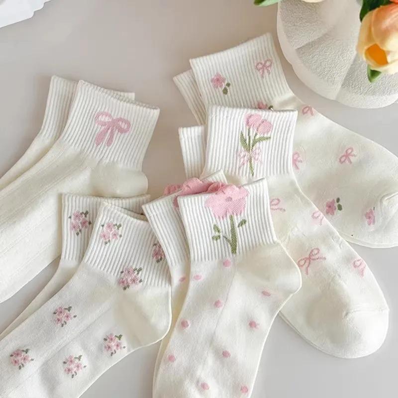 1-5 paia Calzini Corti Harajuku con Stampa Floreale a Pois per Bambini Primavera Estate Cotone Calzini da Donna Traspiranti Morbidi Carini Calzetteria