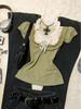Vintage Y2K Green Lace Bow Trim Slim Fit Patchwork Short Sleeve Top