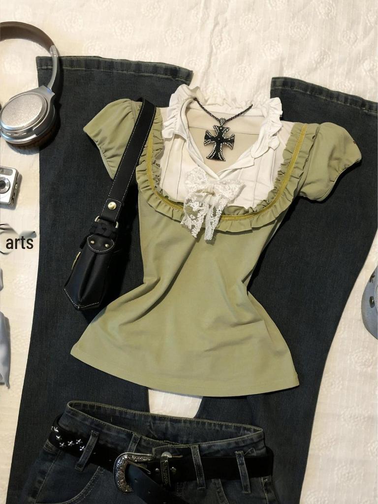 Vintage Y2K Green Lace Bow Trim Slim Fit Patchwork Short Sleeve Top