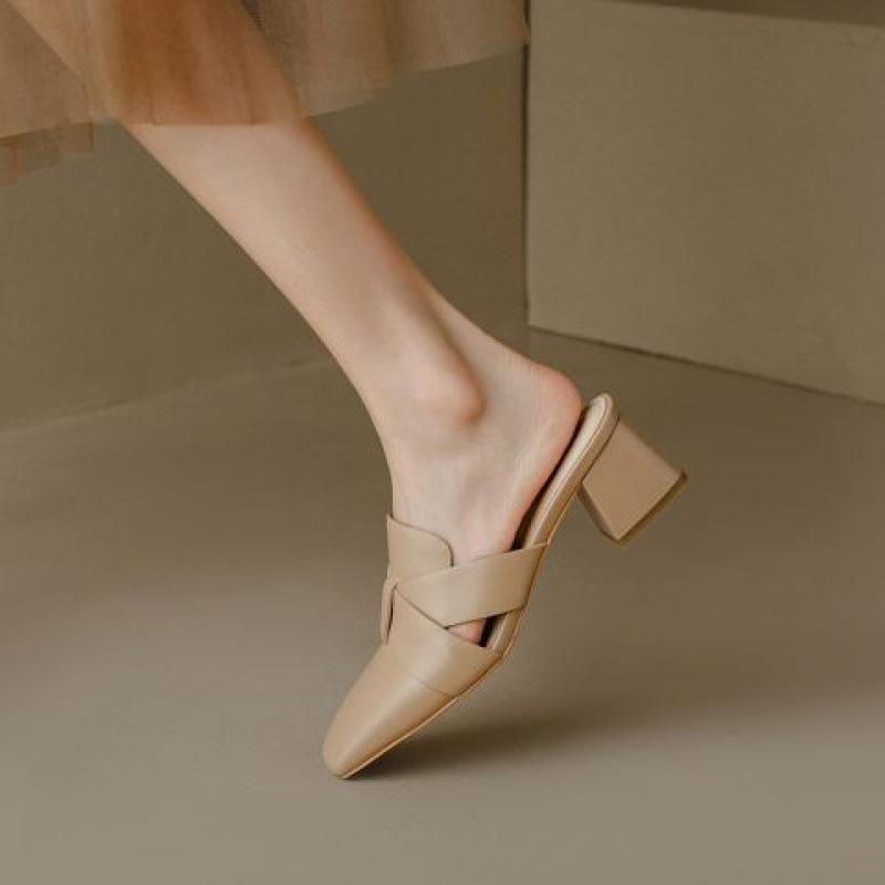 French retro square head bag head half slippers women's outer wear half tray fashion thick heel middle heel apricot half drag muller shoes