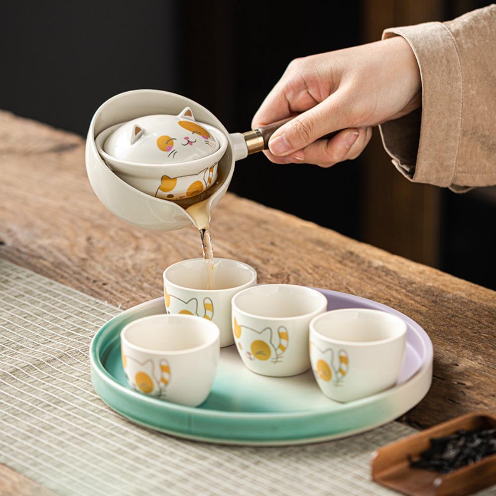 5/7pcs Japanese Style Kung Fu Tea Pot Set 360° Rotating Bubble Tea Set Lucky Cat Teapot Set Travel