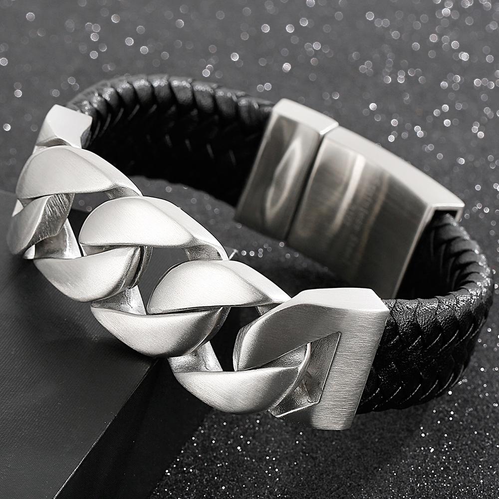24MM Wide Cuban Chain Bracelet for Men Matte Brushed Stainless Steel With Braided Leather Men's Bracelets Bold Hip Hop Jewelry