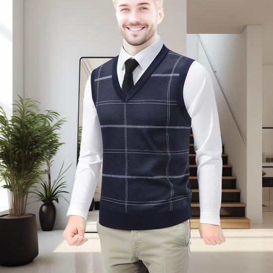 Men Knitting Vest V-Neck Sleeveless Plaid Print Sweater Vest Autumn Winter