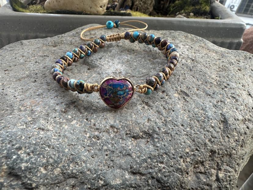 Bohemian Red Heart-Shaped Redwood Stone Double-Layer Woven Women's Bracelet