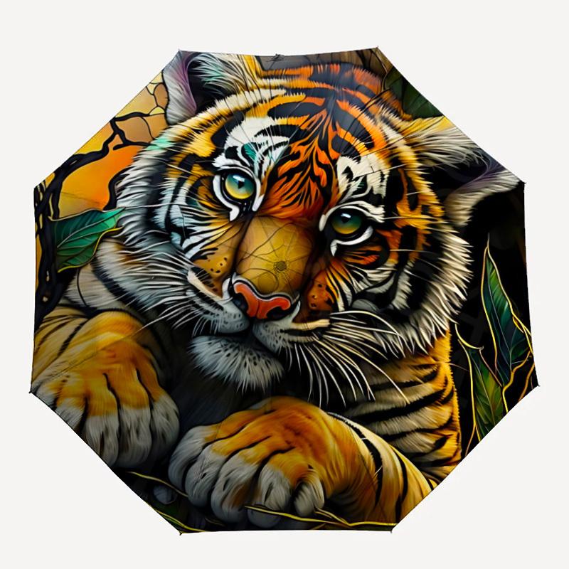 

1pc Tiger Jungle Automatic Folding Umbrella, Sturdy And Durable Automatic Folding Umbrella with 8 Ribs, Convenient for Outdoor Use191