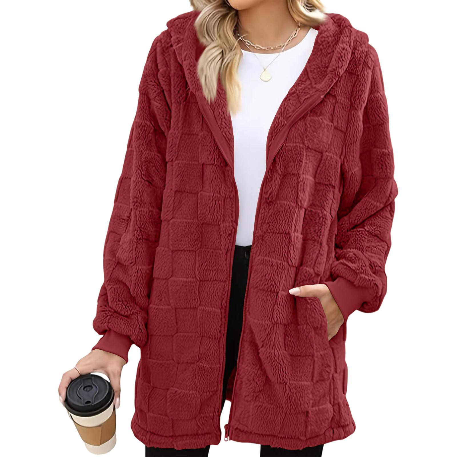 

Women s Fashionable Casual Warm Thick Checkered Plush Mid-length Elegant Button And Zipper Cardigan Coat XL красный