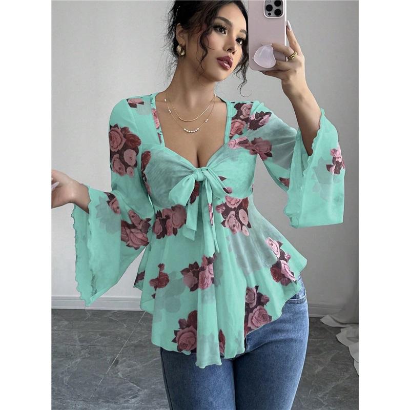 Women's Floral Print Bell Sleeve Peplum Top V Neck Tie Front Blouse