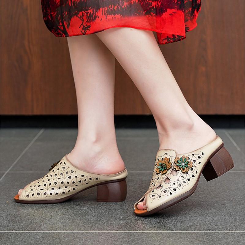 Johnature Ethnischer Stil Peeptoe-Slipper Echtes Leder Durchbrochen Atmungsaktiv Kitten Heels Damen Sandalen