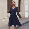 YYFS Women's Fashion Spring Autumn Solid Color Print Long Sleeve V-Neck Middle Waistline Casual Dresses