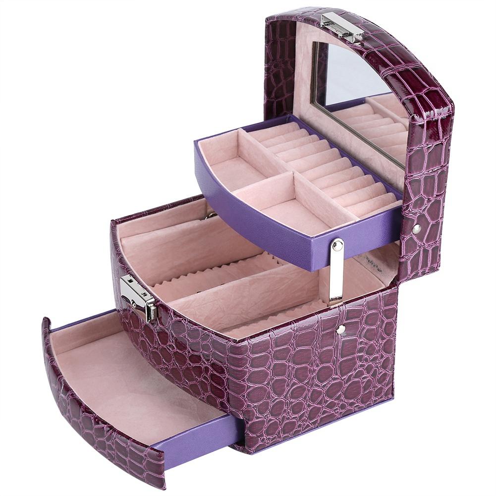 Portable Jewelry Box Storage Multi Layer Organizer Case Ring Earring Necklace Mirror Purple