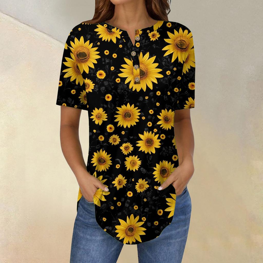 Short Sleeve Womens Tops Summer T-Shirts Floral Print V Neck Casual Basic Tee Button Shirts Tunic Tops