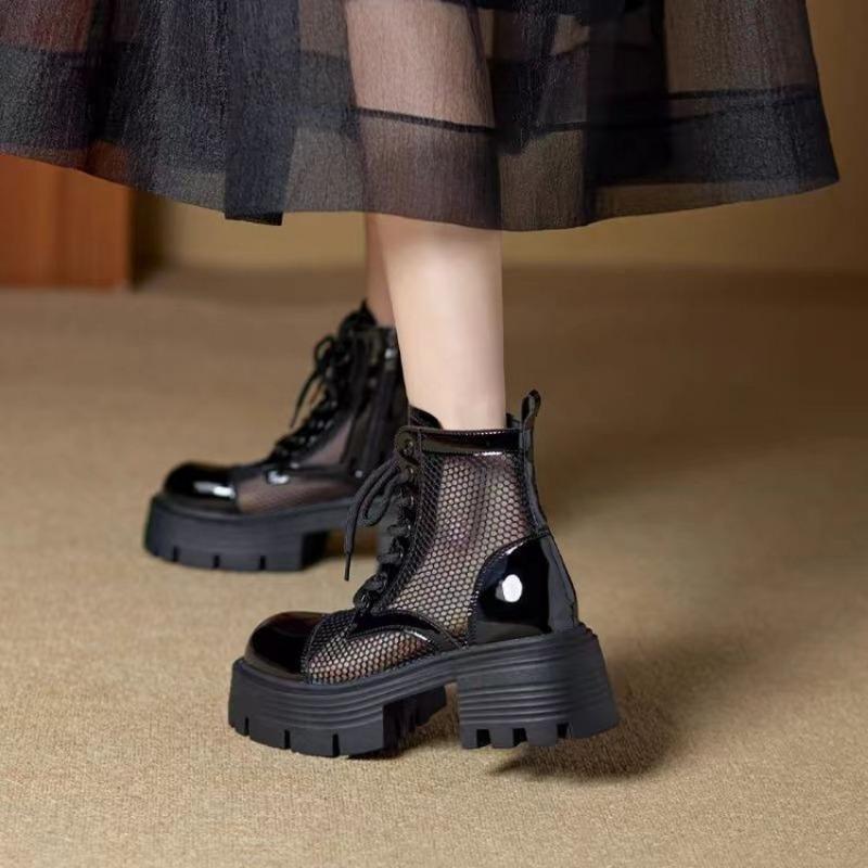 Mote Sommer Svarte Damesandaler Mote Ankelstøvletter Uformelle Flate Kontrastpaneler Utskjæring Mesh Muffinsandaler Platform Sportstøvler