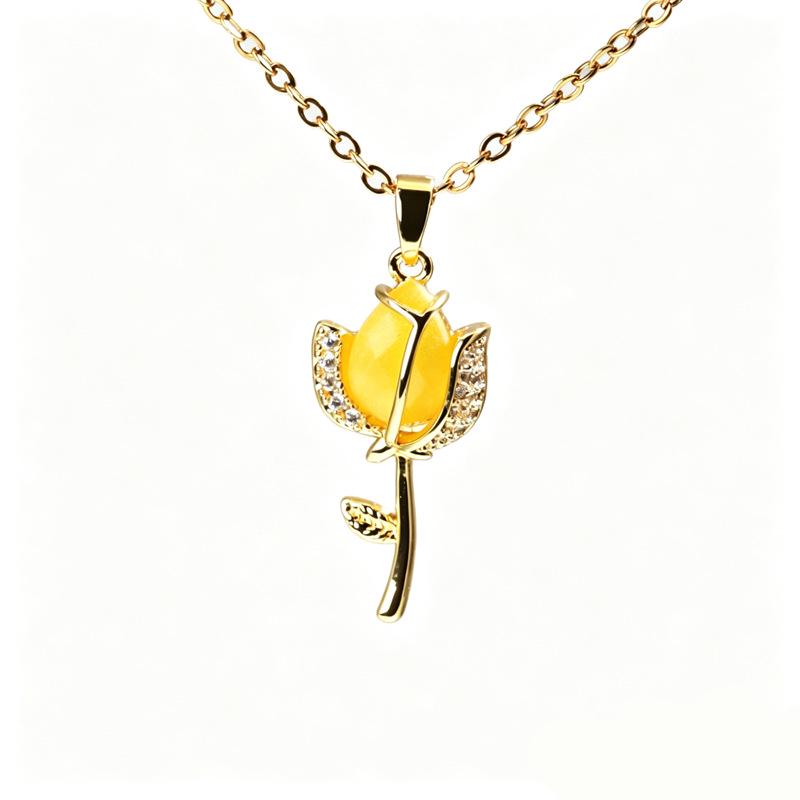 Women's Fresh Breeze Necklace: Colorful Tulip Pendant In Copper with Zircon, Fashionable Clavicle Chain