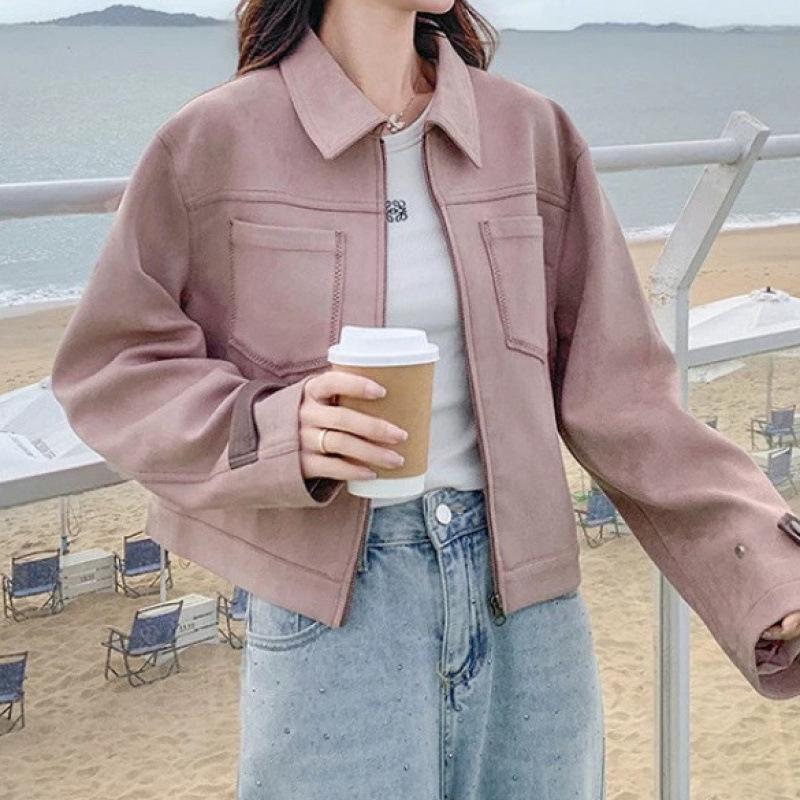 Damen Rosa Wildlederjacke - Frühling/Herbst 2025 Lockerer Lässiger Vielseitiger Stil