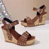 Cross Border Large Size Spring and Summer New Buckle Rivet Sandals Fish Mouth Wedge Heel Waterproof Trolley Stitching Sandals Women