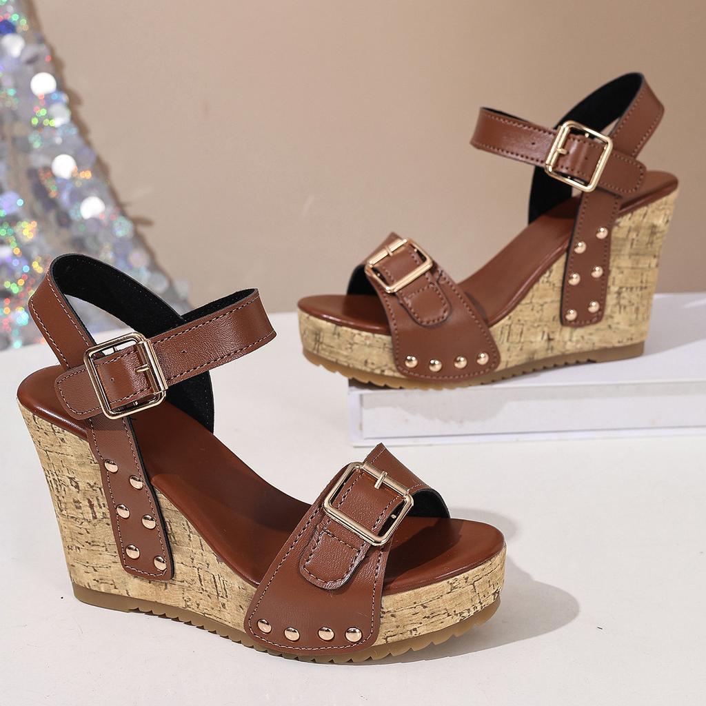 Cross Border Large Size Spring and Summer New Buckle Rivet Sandals Fish Mouth Wedge Heel Waterproof Trolley Stitching Sandals Women