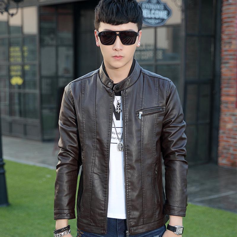 Spring youth straight hem red unhooded stand-up collar casual zipper digging bag autumn zipper leather jacket