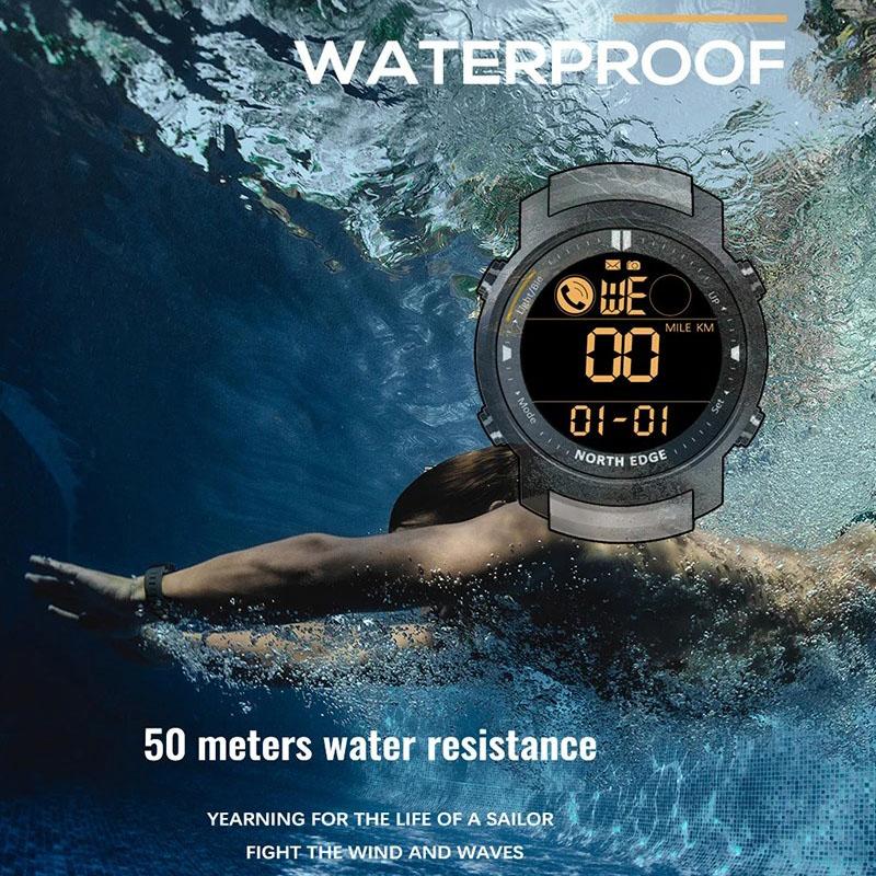 NORTH EDGE Men's Digital Watch Military Waterproof 50M Running Sports Pedometer Stopwatch Watch Heart Rate Wristband Android IOS