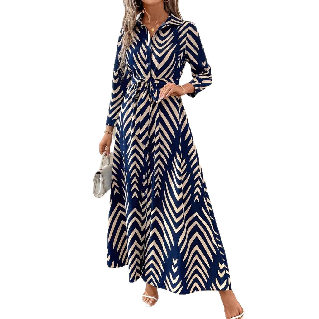 Women's Striped Long Sleeve Shirt Dress with High Slit and Belt