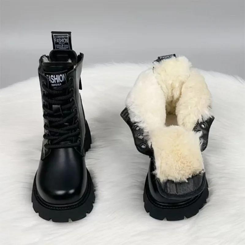 Winter Women's Boots Plush Warm Cotton Shoes Outdoor Waterproof Leather Snow Boots Lace Up Platform Booties Botas Invierno Mujer