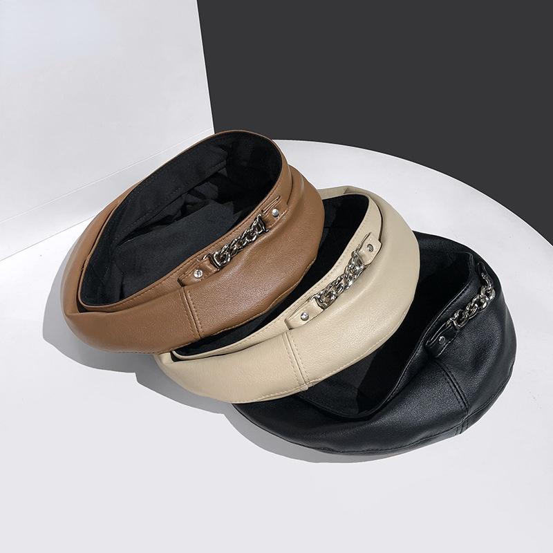 Vintage Women's PU Leather Beret Cap with Chain French Artist Style Warm Beanie Hat Adjustable All-Match Female Ladies Accessory