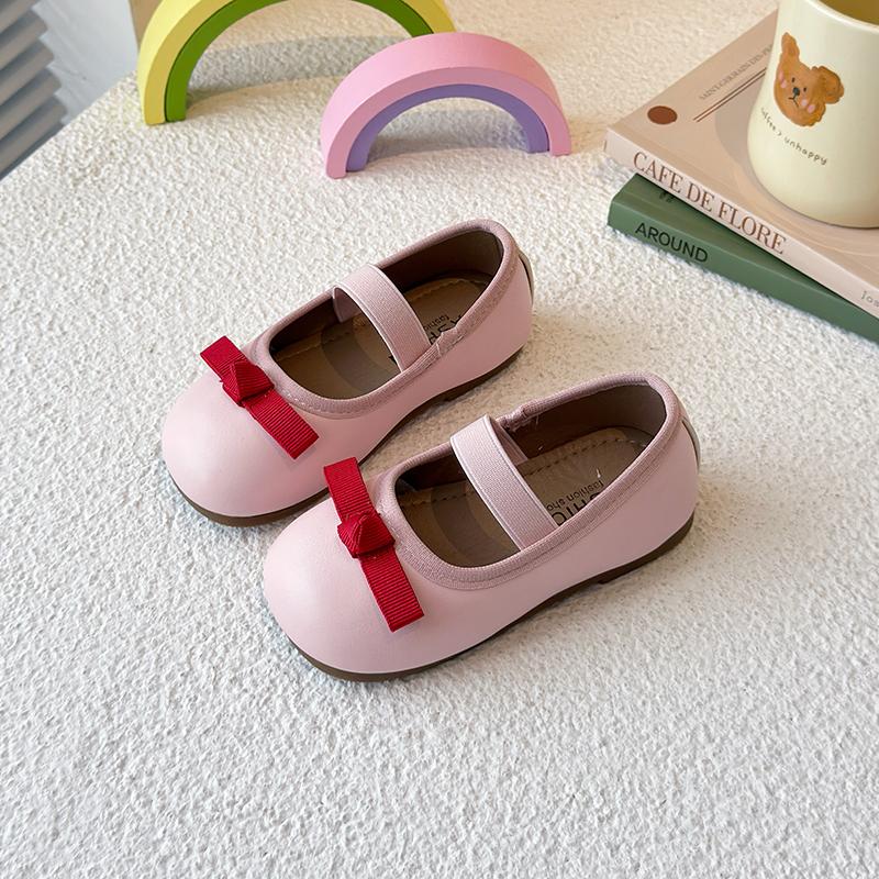 

Girls Princess Shoes Pu Leather Slip-on Kids Dance Performance Shoes Simple Bows 2025 New Girls Flat Shoes Round Toes Soft Sole 22 розовый