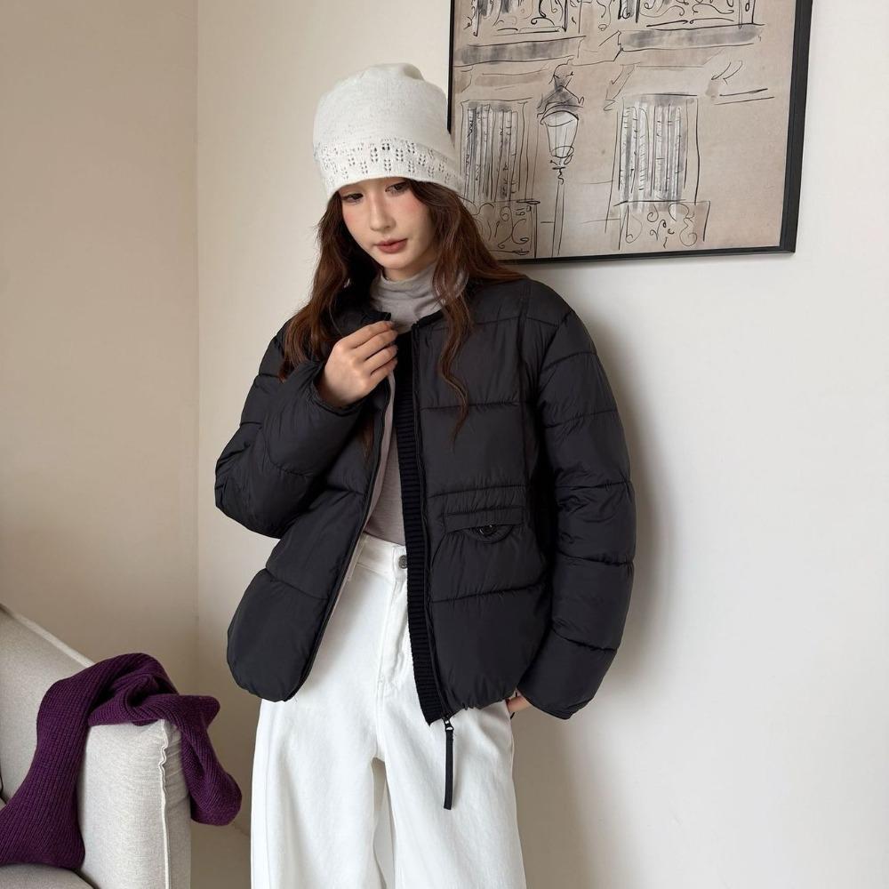 Korean Winter Short Puffer Coat for Women Round Neck Casual Loose Fit Petite Commuter Outerwear