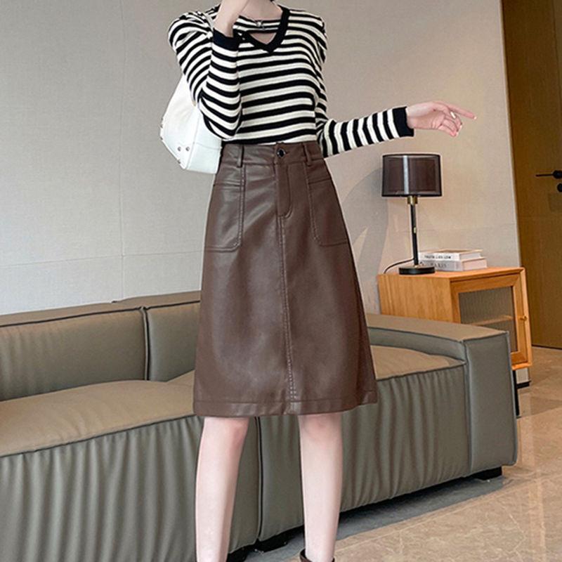 Plus Size Women's Leather Bodycon Midi Skirt - Slimming A-Line with Pockets for Autumn/Winter