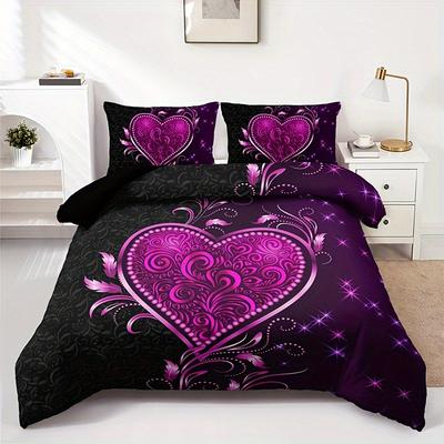 3Pcs Purple Heart Rose Floral Duvet Cover Set, 1D+2P (No Pillow Inserts), Hd Print For Home & Bedroom, Bedroom Set Couple Gift