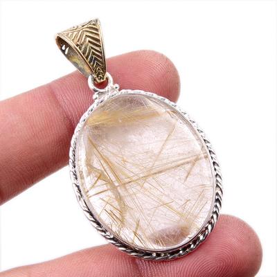 Natural Golden Rutile Gemstone 925 Solid Sterling Silver Jewelry Pendant 2" E2u34