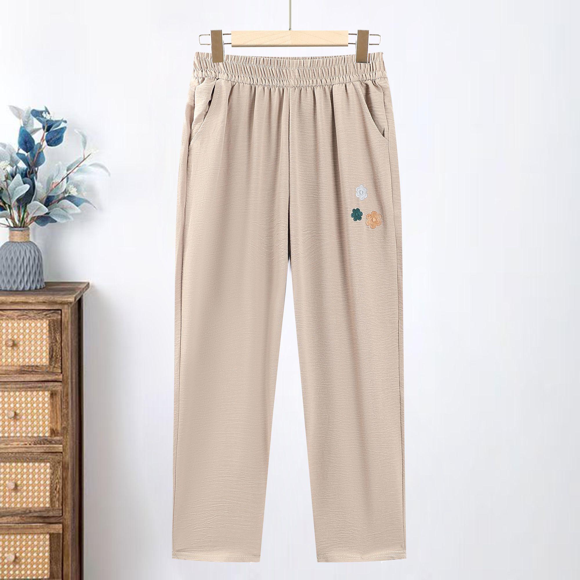 

Летние женские брюки с высокой посадкой и прямыми штанинами, свободные повседневные тонкие брюки с эластичной талией и вышивкой 5XL хаки